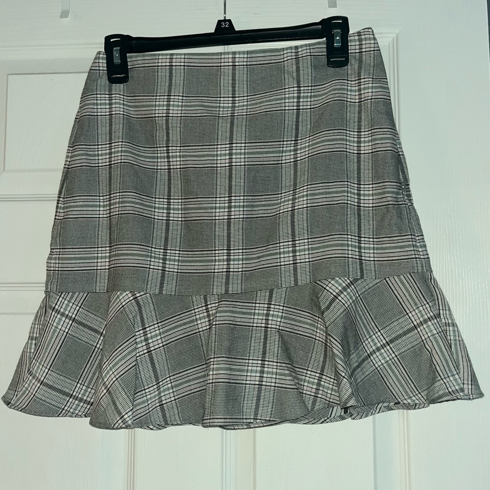Loft Black White and Pink Plaid Trumpet Skirt